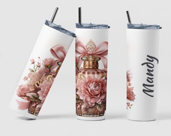 Floral Perfume Fashion Custom Coffee Travel Tumbler Cup Gift for Girl, Personalized 20oz Name Girls Birthday Tea Tumbler Mug Gift for Mom