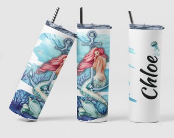 Mermaid Sitting on Anchor, Mermaid Tumbler, Personalized Gift, Ocean Themed Gift, Mermaid Water Bottle, Custom Tumbler, Mermaid Cup, Gift