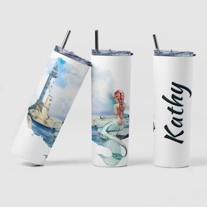 Mermaid Lighthouse Custom Coffee Travel Tumbler Cup Birthday Gift for Women, Personalized Mermaid Ocean Themed Tea Mug Gifts For Girls Trip