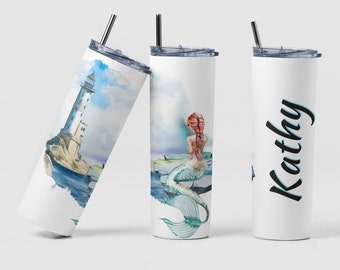 Mermaid Lighthouse Custom Coffee Travel Tumbler Cup Birthday Gift for Women, Personalized Mermaid Ocean Themed Tea Mug Gifts For Girls Trip