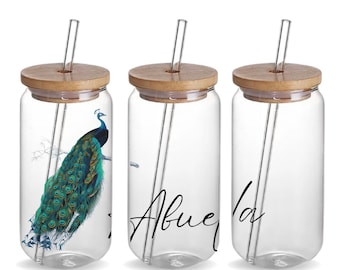 Peacock Glass Tumbler, Custom Peacock Feathers Iced Coffee Tumbler Cup Gift for Mama, Personalized Peacock Tumbler Gift for Peacock Lover