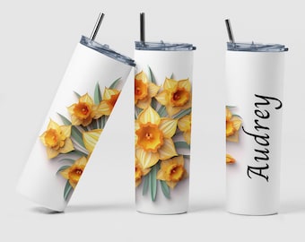 March Personalized Birth Flower Tumbler Coffee Travel Tumbler Cup Birthday Gift for Mom, Custom Daffodil Birth Flower Tumbler Gift for Woman