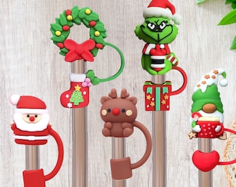 Silicone Straw Cover Topper Cap Tip for Reusable Straws, Christmas Santa Reindeer Straw Charm Accessory Decoration Dust Cover Christmas Gift
