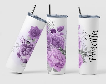 Violet Floral Tumbler, Custom Stainless Steel Tumbler Gift for Mom, Personalized Birthday Floral Tumbler, Custom Tumbler Bridesmaid Gift