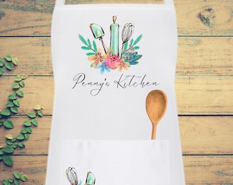Personalized Apron with Pockets Birthday Gift for Women Custom Cute Kitchen Apron with Name Gift for Grandma or Mom, Baking Apron Gift