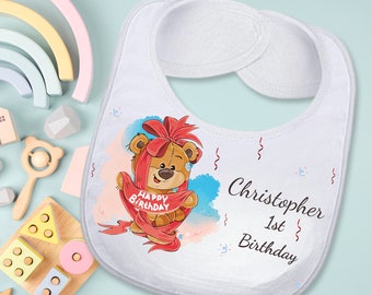 Birthday Bear Custom Absorbent Bib 1st Birthday for Baby with 12oz Sippy Cup Gift Set, Personalized Cute Teddy Bear Drool Bib Toddler Gift