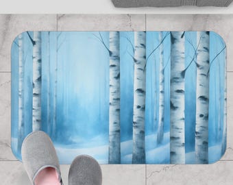 Winter Birch Bath Mat, Icy Blue Forest Bathroom Rug, Woodland Tree Bath Mat, Rustic Cabin Bathroom Decor, Nature Inspired Floor Mat
