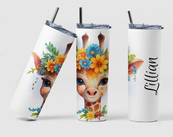 Giraffe Floral Tumbler Custom Coffee Travel Tumbler Birthday Gift for Mom, Personalized Cute Colorful Giraffe Design Tumbler Teacher Gift