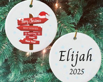 Personalized Christmas Ornament, Custom Name New Year Keepsake, Handmade Ceramic Holiday Gift, Festive Signpost Tree Decoration