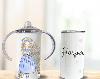 Nutcracker Clara Custom 12oz Sippy Cup Tumbler Baby's 1st Christmas Gift for Toddler, Personalize Cute Nutcracker Themed Toddler Cup Gift