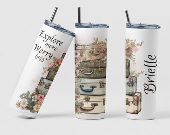 Travel Themed Custom Coffee 20oz Tumbler Cup Gift for Traveler, Personalized Floral Travel Tumbler Mug Cup Birthday Gift for Woman