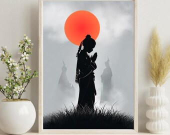 Japanese Art Print, Japandi Poster, Vintage Wall Art, Japanese Landscape Decor for Unique Home Aesthetics, Girl Praying to Ancestor