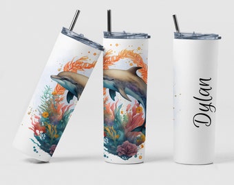 Dolphin Tumbler, Custom Dolphin Scene Coffee Tumbler Cup Gift for Dolphin Lover, Personalized Dolphin Ocean Theme Tumbler Cup Gift for Woman