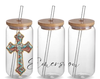 Cross 16oz Iced Coffee Custom Glass Tumbler Cup Coffee Lover Gift, Personalized Christian Glass Tumbler Cup with Straw and Bamboo Lid Gift