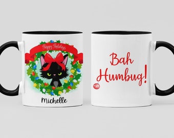 Angry Cat Funny Custom Christmas Ceramic Coffee Mug Unique Gift, Personalized Grumpy Cozy Christmas Cat Tea Cup Gift for Cat Lover