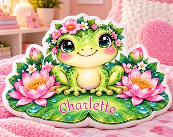 Personalized Pillow, Frog on Lily Pad Shaped Cushion, Custom Name Animal Pillow, Cute Frog Gift for Girls, Kids Bedroom Decor
