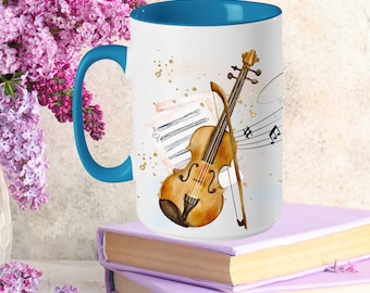 Violin Music Notes Mug Custom 15oz Ceramic Coffee Mug Birthday Gift for Teacher, Personalized Violin Music Life Tea Cup Music Lover Gift