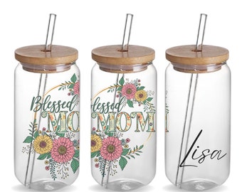 Blessed Mom Custom 16oz Iced Coffee Drinking Glass Tumbler Cup Birthday Gift, Personalized Best Mom Glass Tumbler Mug Mother's Day Gift