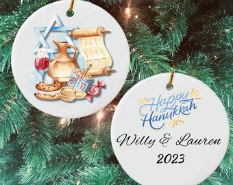 Hanukkah Christmas Ornament, Custom Ceramic Hanukkah Tree Decor Ornament Name Gift, Personalized Happy Hanukkah Celebration Ornament Idea