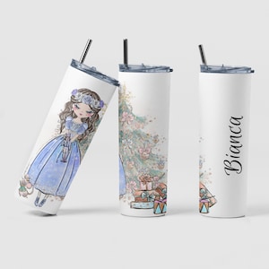 May include: White tumbler with a silver lid and straw. The tumbler features a watercolor illustration of a girl in a blue dress holding a nutcracker, a Christmas tree, and the name "Bianca".