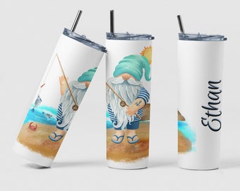 Fishing Gnome Tumbler, Personalized Tumbler, Personalized Gift, Ocean Theme Tumbler, Custom Gift, Custom Beach Tumbler, Gnome Gift, Gift Cup