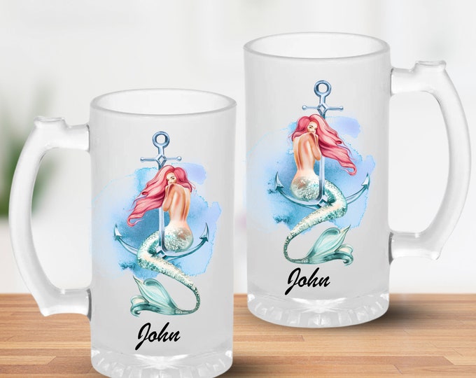 Featured listing image: Mermaid Custom 16oz Frosted Beer Mug for Freezer Birthday Gift for Men, Personalized Mermaid Beer Stein Christmas Gift for Fisherman Father