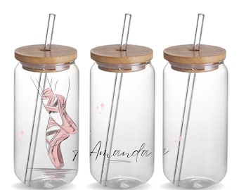 Dance Ballet Custom 16oz Iced Coffee Glass Beer Tumbler Jar Cup Dance Teacher Birthday Gift, Personalized Ballet Shoes Water Bottle Cup Gift