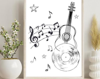 Guitar Wall Art Printable Minimalist Wall Art Guitar Poster Instant Download Music Room Decor Black White Art Musical Instrument Music Lover