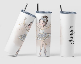 Ballerina White Gold Custom Coffee Travel Tumbler Cup Birthday Gift for Dancer, Personalized Pretty Ballerina Girl Tea Tumbler Cup Gift