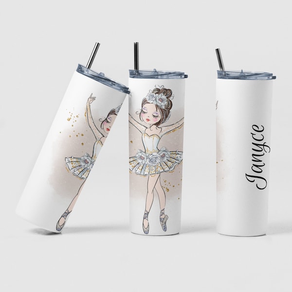 Ballerina White Gold Custom Coffee Travel Tumbler Cup Birthday Gift for Dancer, Personalized Pretty Ballerina Girl Tea Tumbler Cup Gift