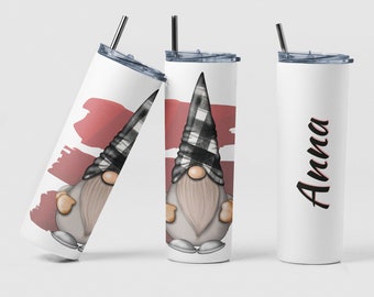 Checkered Hat Gnome Tumbler, Personalized Gift, Gnome Gift, Gnome Tumbler with Straw, Tumbler with Name, Valentine Tumbler, Gnome Cups, Gift