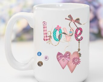 Love Hearts Custom Ceramic Coffee Lover Handle Mug Valentines Gift for Her, Personalized Hearts Tea Mug Birthday Seamstress Mug Gift