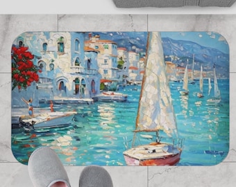 Nautical Bath Mat Bathroom Accessories Sailboat Coastal Bathroom Decor Ocean Memory Foam Bath Mat  Non-Slip Beach House Decor Ocean Lover