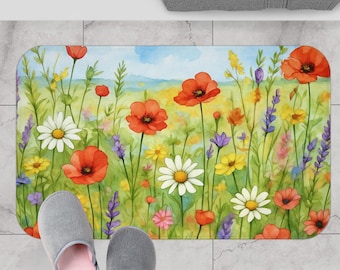 Wildflower Bath Mat, Colorful Floral Bathroom Rug, Boho Botanical Decor, Cottagecore Home Accent, Vibrant Nature Inspired Memory Foam Mat