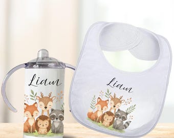 Woodland Baby Bib and Sippy Cup Set, Personalized Bib for Baby Boy or Girl, Forest Animal Gift Custom Baby Shower Present Infant Accessories