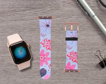 Blue Floral Watch Band Gift for Women Apple Watch Strap Boho Flower Aesthetic 38-41mm 42-45mm iWatch Band Accessories Faux Leather Band