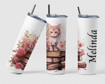 Cat Floral Book Custom Coffee Travel Tumbler Cup Book Lover Gift, Personalized Red Roses Book Themed Tumbler Cup Mom Gift