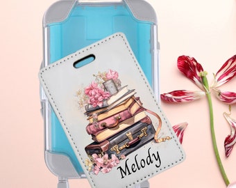 Luggage Bag Tag Handle Custom Name Luggage and Books Design in Mini Suitcase Gift Box Set, Personalized Pink Luggage Tag Gift Set for Mom