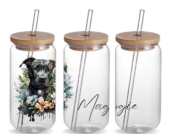 Pit Bull Custom 16oz Iced Coffee Glass Jar Tumbler Cup Dog Mom Gift, Personalized Pit Bull Terrier Glass Beer Can Tumbler Cup Birthday Gift