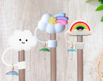 Straw Tip Covers Caps with Charms for Stanley Reusable Straws, Clouds Rainbow Star Straw Cover with Charms for Straw Accessory Decoration