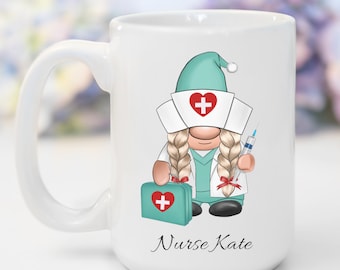 Gnome Nurse Doctor Custom Ceramic Coffee Travel Mug Gift for Friend, Personalized Doctor Nurse Gnome Tea Cup Nursing Medical Student Gift