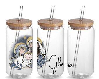 Holy Family Custom 16oz Iced Coffee Glass Tumbler Gift for Christmas, Personalized Holy Family Nativity Scene Water Glass Jar Christmas Gift