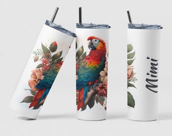 Macaw Parrot Tumbler, Custom Parrot Coffee Tumbler Cup Gift for Parrot Lover, Personalized Red Parrot Bird Tea Tumbler Cup Gift for Mama