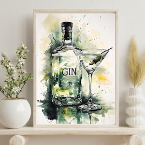 Plakat z koktajlem ginowym Sztuka ścienna do wydrukowania Sztuka ścienna do kuchni Wystrój domu Bar Miłośnik ginu Prezent Wydruki na wózkach barowych Wydruk kuchenny Plakat z alkoholem