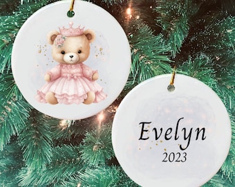 Princess Pink Teddy Bear Custom Ceramic Christmas Tree Ornament Gift, Personalized Cute Teddy Bear Ornament First Christmas Gift for Girl