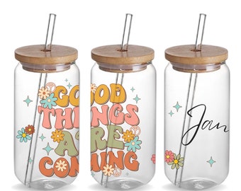 Positive Affirmation Mental Health Retro 16oz Custom Iced Coffee Glass Jar Tumbler Cup Birthday Mom Gift, Personalized Affirmation Beer Cup