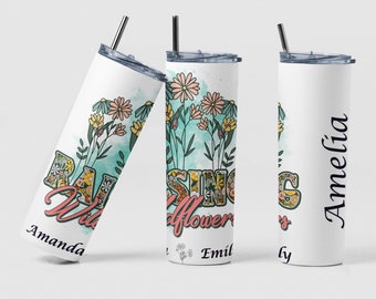 Retro Mom Wildflowers Custom Coffee Travel Tumbler Cup Birthday Gift, Personalized Raising Wildflowers Mom Tumblers with Names Mother's Day