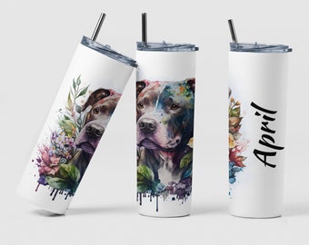 Pit Bull Tumbler, Custom Watercolor Pit Bull Terrier Coffee Tumbler Gift for Dog Mom, Personalized Dog Tumbler Cup Best Mom Birthday Gift