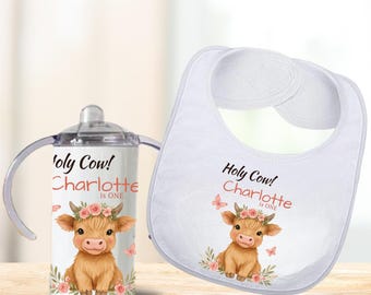 First Birthday Bib and Sippy Cup Set, Baby Girl Cake Smash Outfit, Personalized Holy Cow Bib, Farm Theme 1st Birthday Gift for Toddler