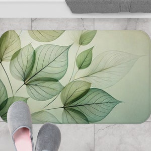 Green Leaf Bathroom Mat Housewarming Gift, Green Bathroom Decor, Botanical Bath Decor, Modern Bath Mat, Leaves Shower Rug, Boho Bath Mat